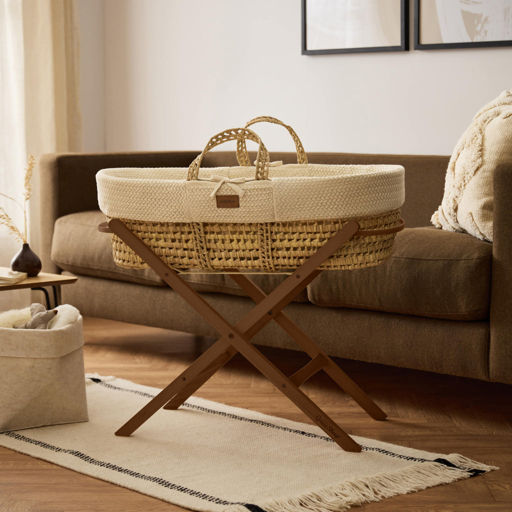 Organic Wheat Knitted Moses Basket, Mattress & Walnut Foldable Stand Linen