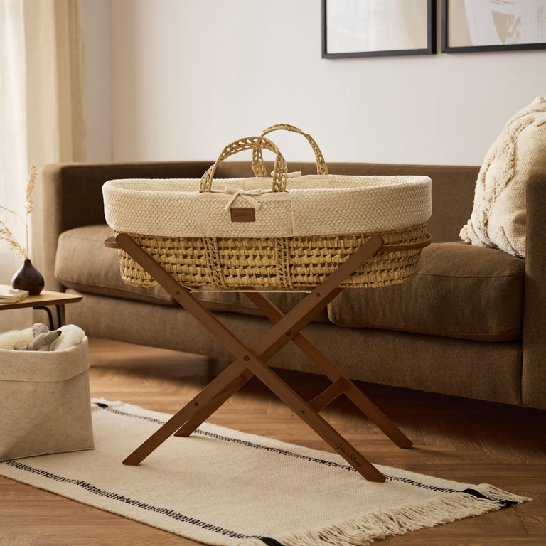 Organic Wheat Knitted Moses Basket, Mattress & Walnut Foldable Stand Linen