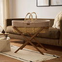 Organic Wheat Knitted Moses Basket, Mattress & Walnut Foldable Stand Truffle