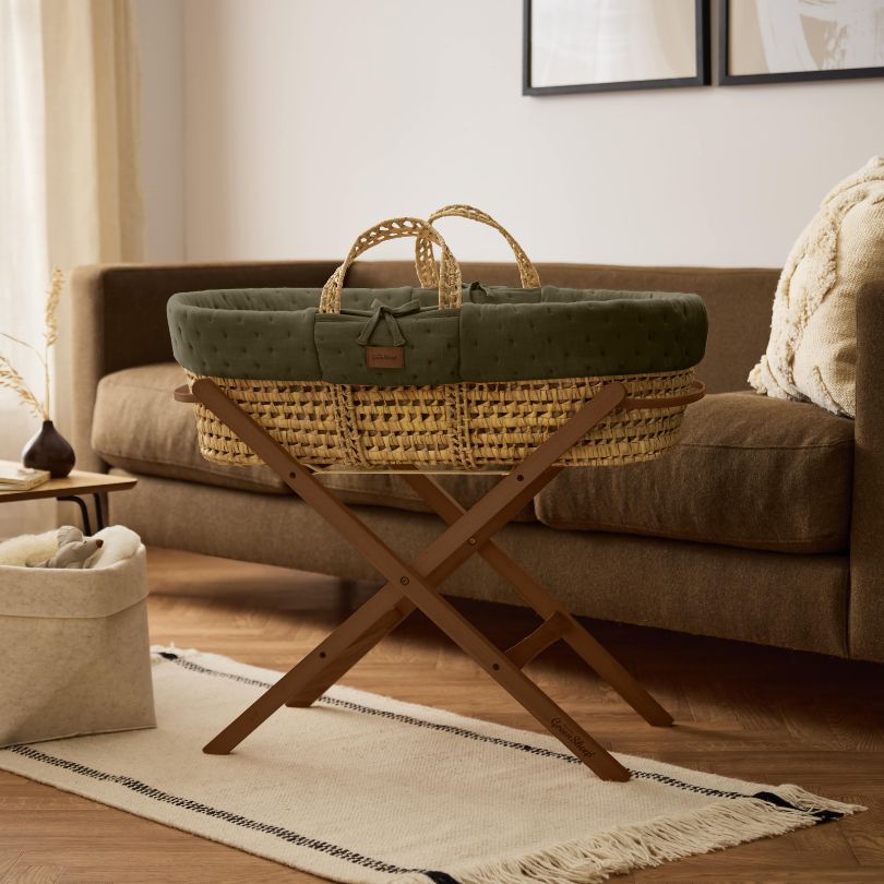Organic Dimple Quilted Moses Basket, Mattress & Walnut Foldable Stand Juniper