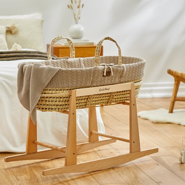 Organic Knitted Moses Basket, Mattress & Natural Rocking Stand Truffle