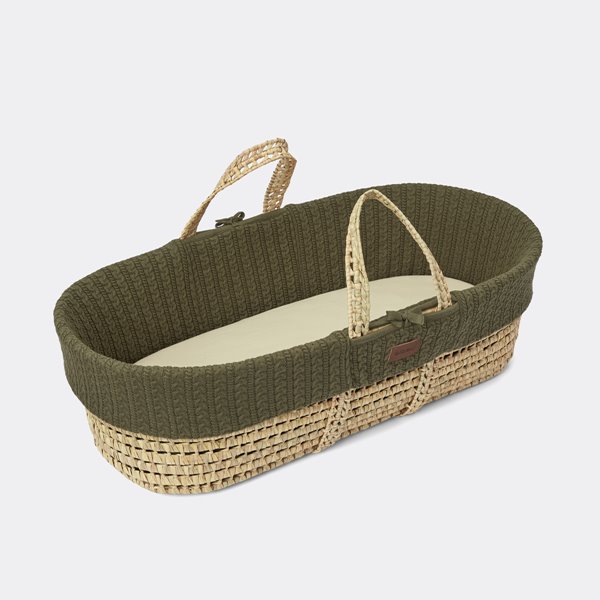 Organic Knitted Moses Basket, Mattress & Natural Foldable Stand Juniper