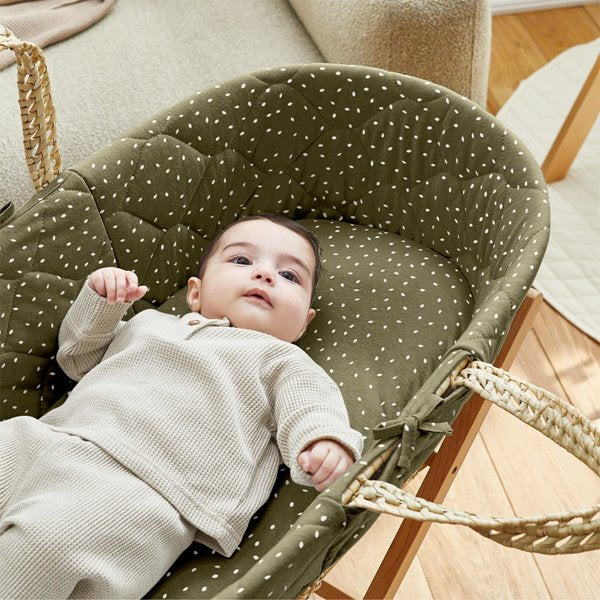 Natural Quilted Rice Moses Basket, Mattress & Natural Foldable Stand Juniper