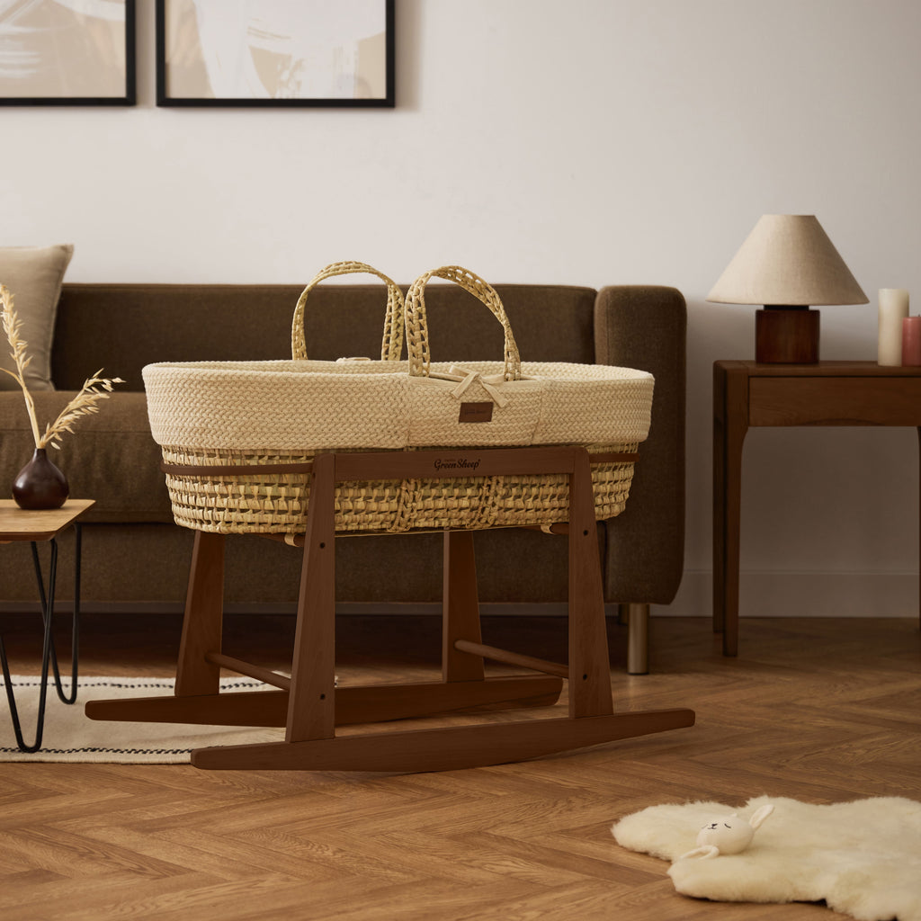 Organic Wheat Knitted Moses Basket, Mattress & Walnut Rocking Stand Linen