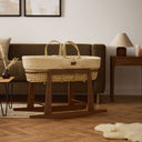 Organic Wheat Knitted Moses Basket, Mattress & Walnut Rocking Stand Linen