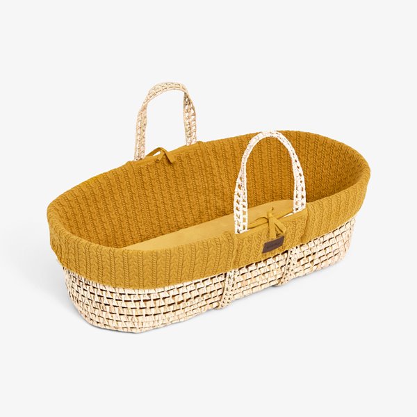 Organic Knitted Moses Basket, Mattress & Walnut Rocking Stand Honey