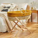 Organic Knitted Moses Basket, Mattress & Natural Foldable Stand Honey