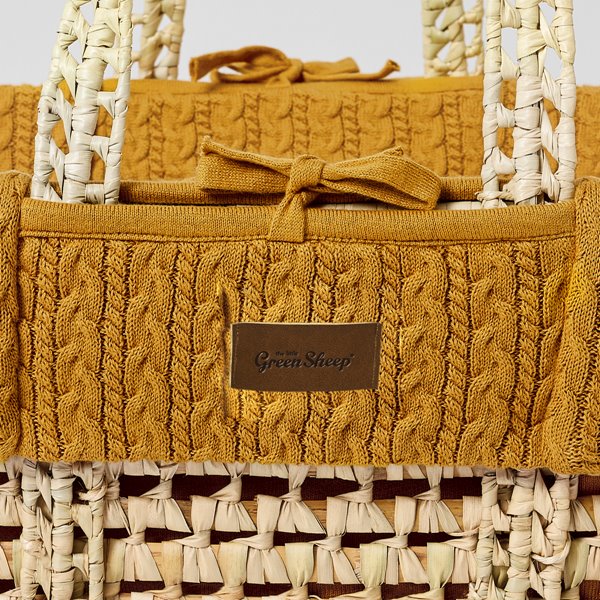 Organic Knitted Moses Basket, Mattress & Walnut Rocking Stand Honey
