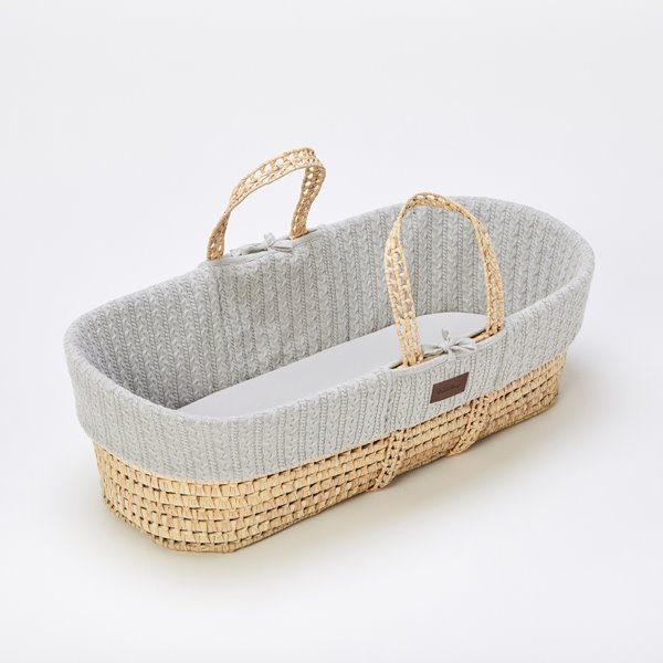 Organic Knitted Moses Basket, Mattress & Natural Foldable Stand Dove Grey