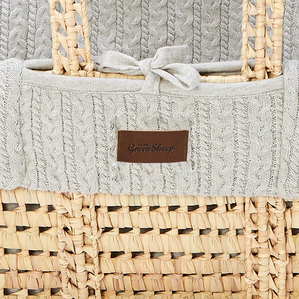 Organic Knitted Moses Basket, Mattress & Natural Foldable Stand Dove Grey