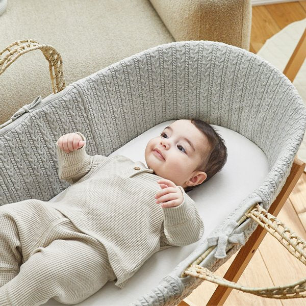 Organic Knitted Moses Basket, Mattress & Natural Foldable Stand Dove Grey