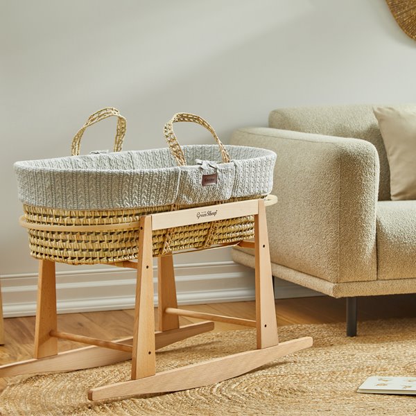 Organic Knitted Moses Basket, Mattress & Natural Rocking Stand  Dove Grey