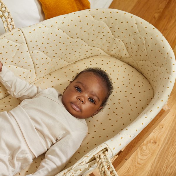 Natural Quilted Rice Moses Basket, Mattress & Natural Foldable Stand Linen