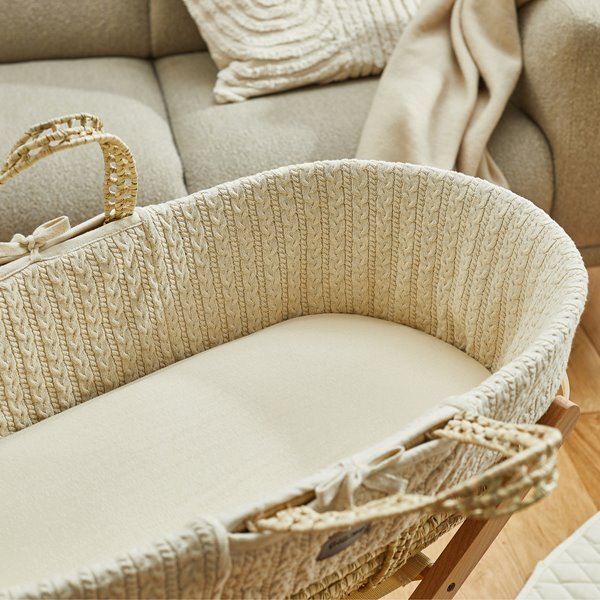 Organic Knitted Moses Basket, Mattress & Natural Foldable Stand Linen
