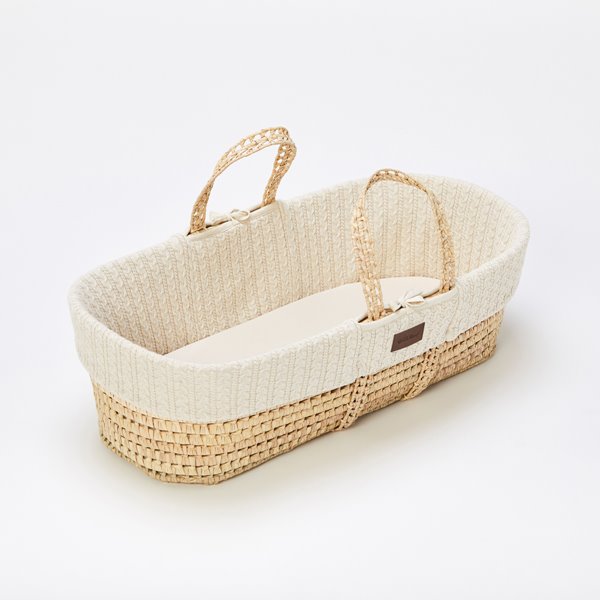 Organic Knitted Moses Basket, Mattress & Natural Foldable Stand Linen