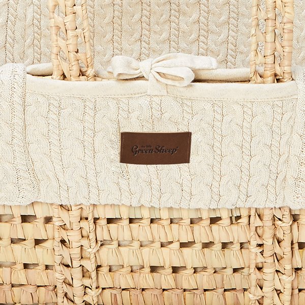 Organic Knitted Moses Basket, Mattress & Natural Foldable Stand Linen