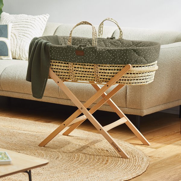 Natural Quilted Rice Moses Basket, Mattress & Natural Foldable Stand Juniper