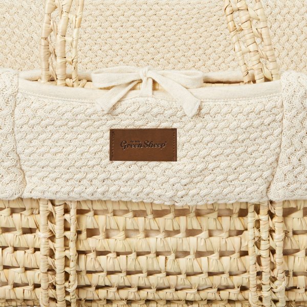 Organic Wheat Knitted Moses Basket, Mattress & Walnut Rocking Stand Linen