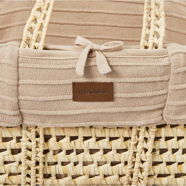 Organic Ripple Knitted Moses Basket, Mattress & Walnut Foldable Stand Truffle