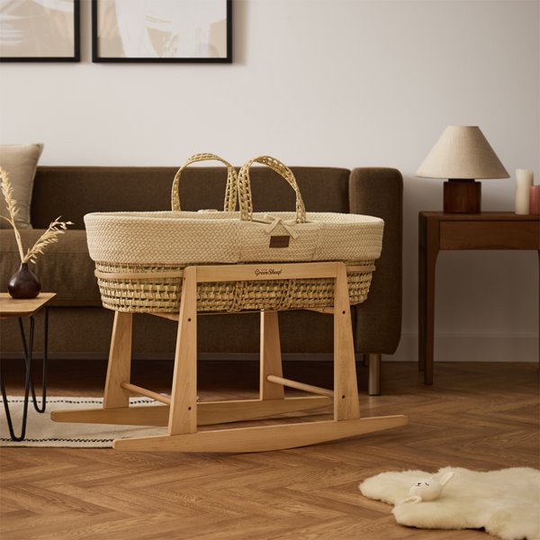 Organic Wheat Knitted Moses Basket, Mattress & Natural Rocking Stand Linen