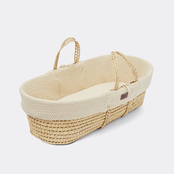 Organic Wheat Knitted Moses Basket, Mattress & Walnut Foldable Stand Linen