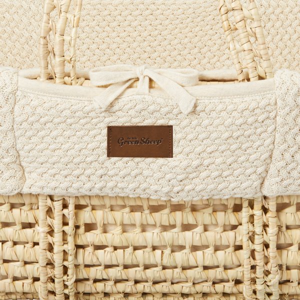 Organic Wheat Knitted Moses Basket, Mattress & Walnut Foldable Stand Linen