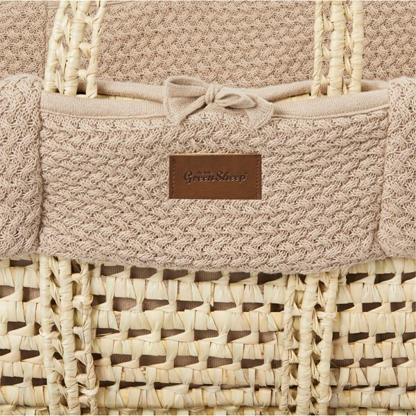 Organic Wheat Knitted Moses Basket, Mattress & Walnut Foldable Stand Truffle