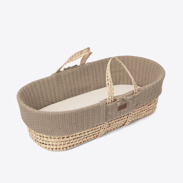 Organic Knitted Moses Basket, Mattress & Natural Foldable Stand Truffle