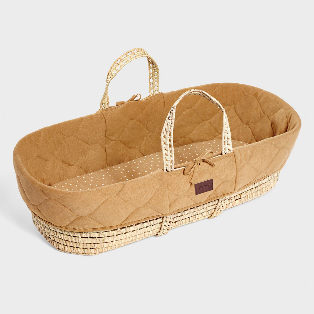 Natural Quilted Moses Basket, Mattress & Natural Foldable Stand Honey