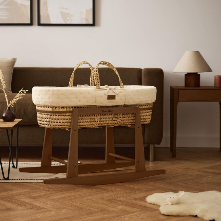 Organic Dimple Quilted Moses Basket, Mattress & Walnut Rocking Stand Linen