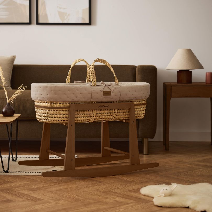 Organic Dimple Quilted Moses Basket, Mattress & Walnut Rocking Stand Truffle
