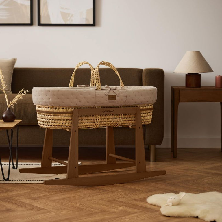 Organic Dimple Quilted Moses Basket, Mattress & Walnut Rocking Stand Truffle