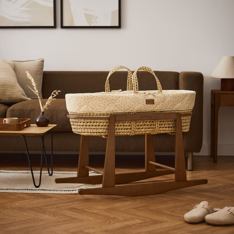 Natural Quilted Rice Moses Basket, Mattress & Walnut Rocking Stand Linen