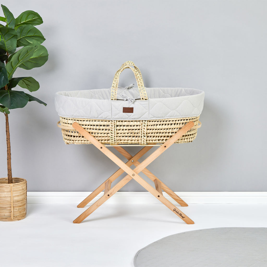 Natural Quilted Moses Basket, Mattress & Natural Foldable Stand Dove Grey
