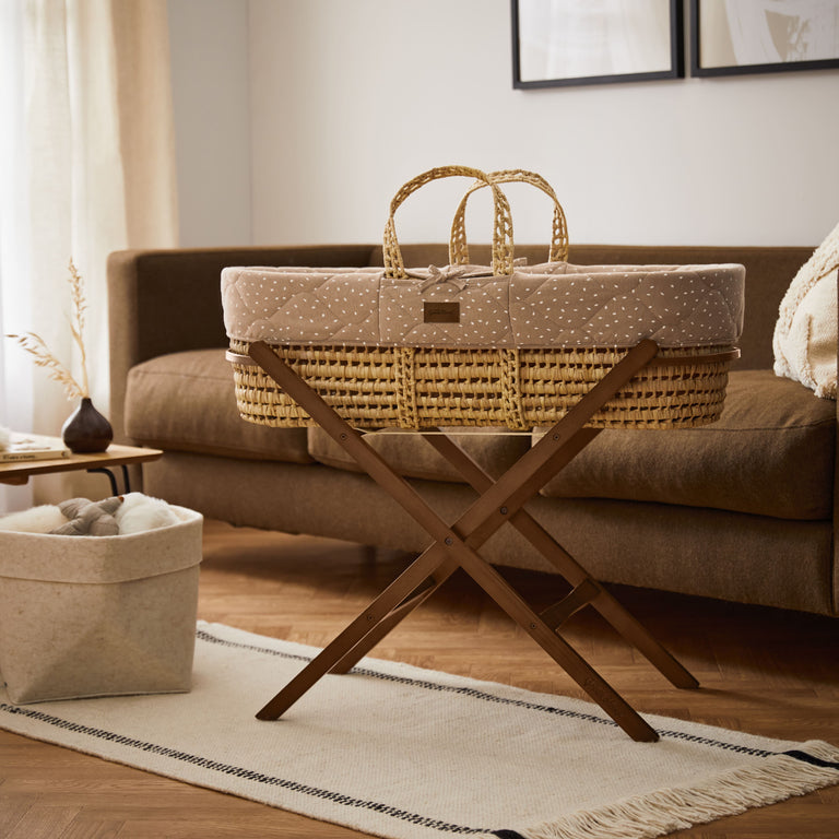 Natural Quilted Rice Moses Basket, Mattress & Walnut Foldable Stand Truffle