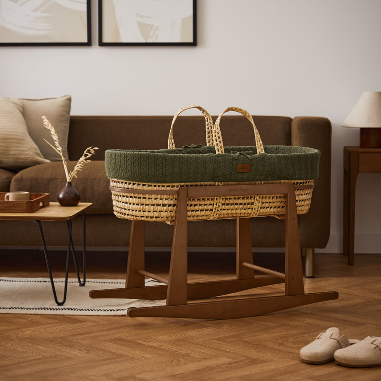 Organic Knitted Moses Basket, Mattress & Walnut Rocking Stand Juniper