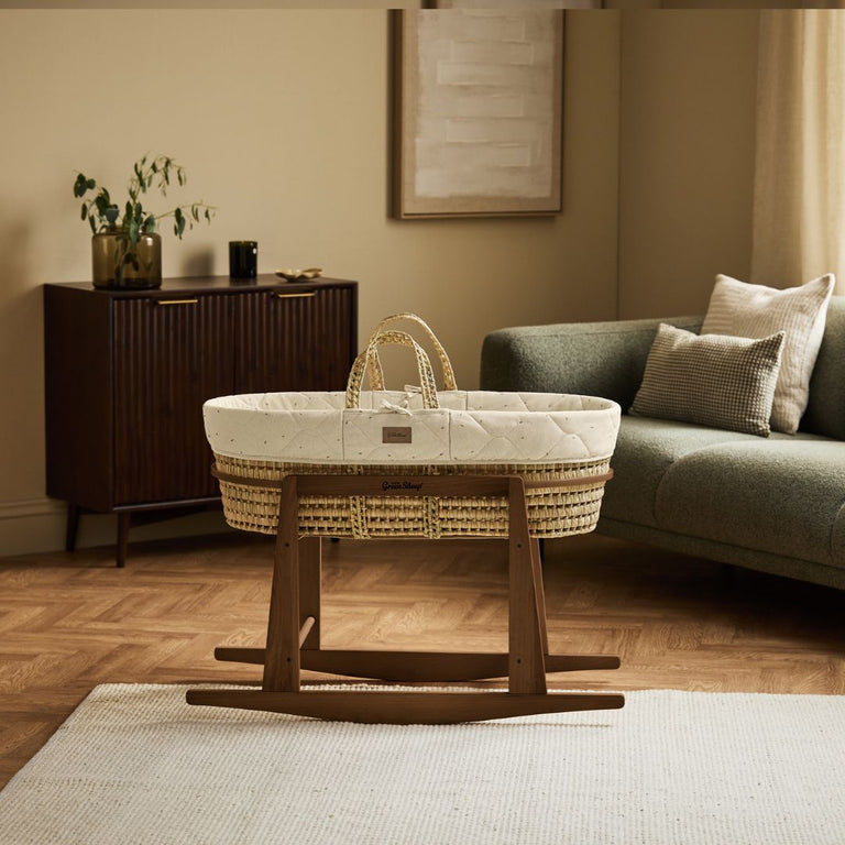 Organic Rice Quilt Moses Basket, Mattress & Walnut Rocking Stand Linen with Cocoa