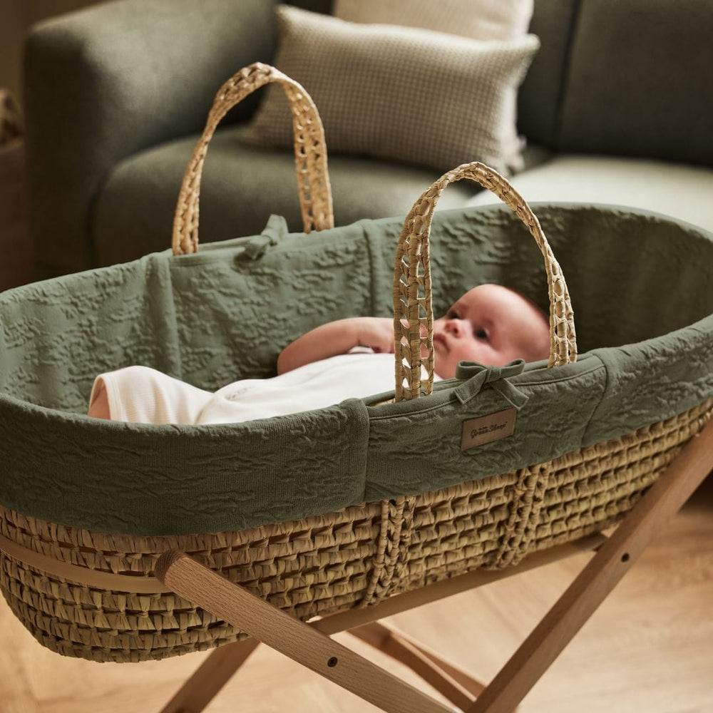 Organic Furrow Knitted Moses Basket, Mattress & Walnut Rocking