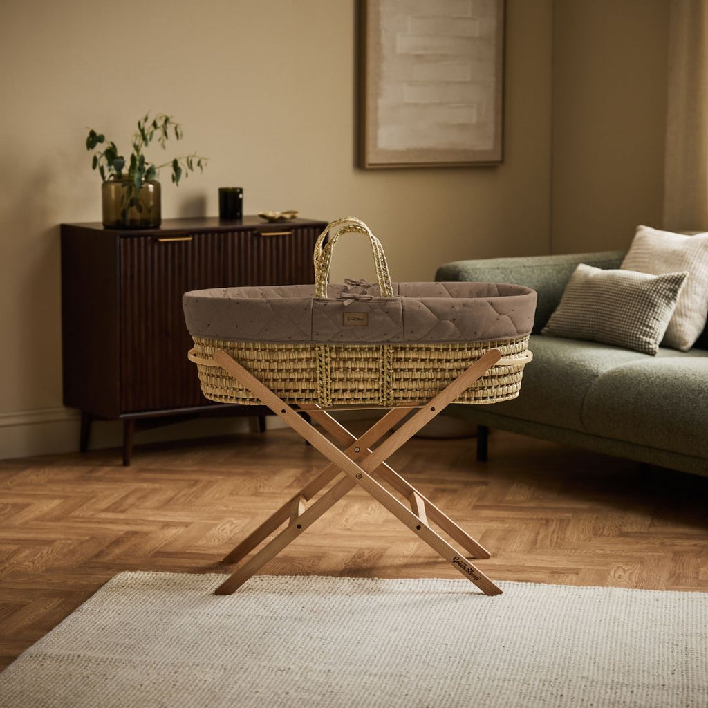 Organic Rice Quilt Moses Basket, Mattress & Natural Static Stand Cocoa with Ebony