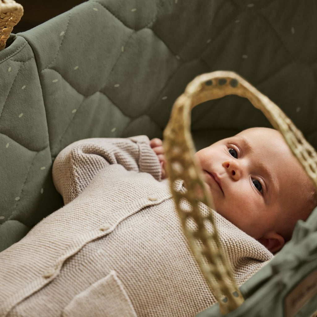 Organic Rice Quilt Moses Basket, Mattress & Walnut Static Stand Juniper with Sage