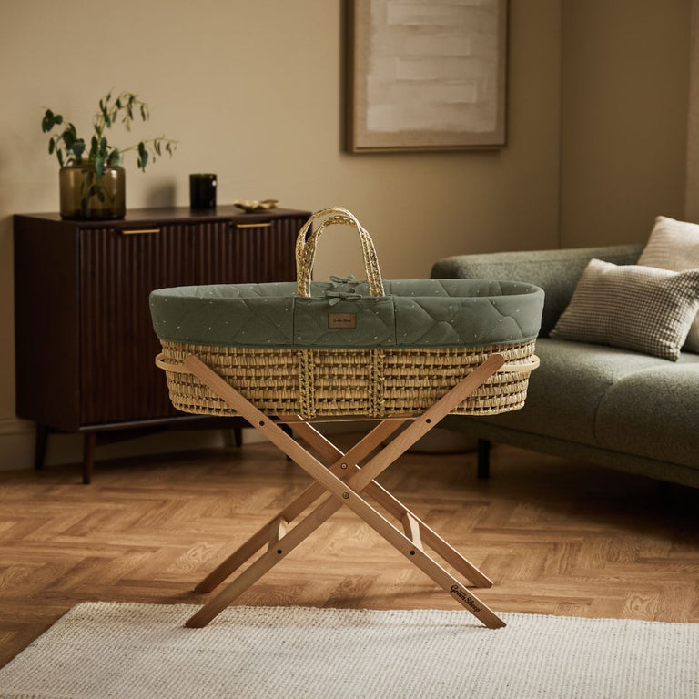 Organic Rice Quilt Moses Basket, Mattress & Natural Static Stand Juniper with Sage