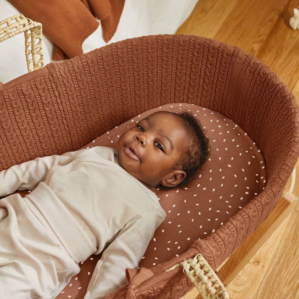 Organic Knitted Moses Basket, Mattress & Natural Foldable Stand Terracotta