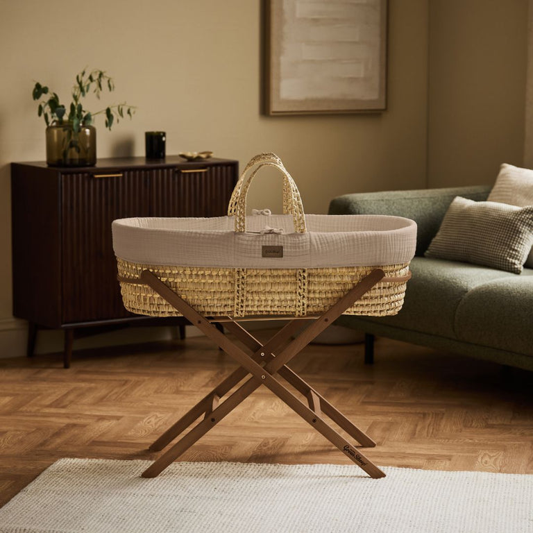 Cotton Muslin Moses Basket, Mattress & Walnut Foldable Stand Truffle