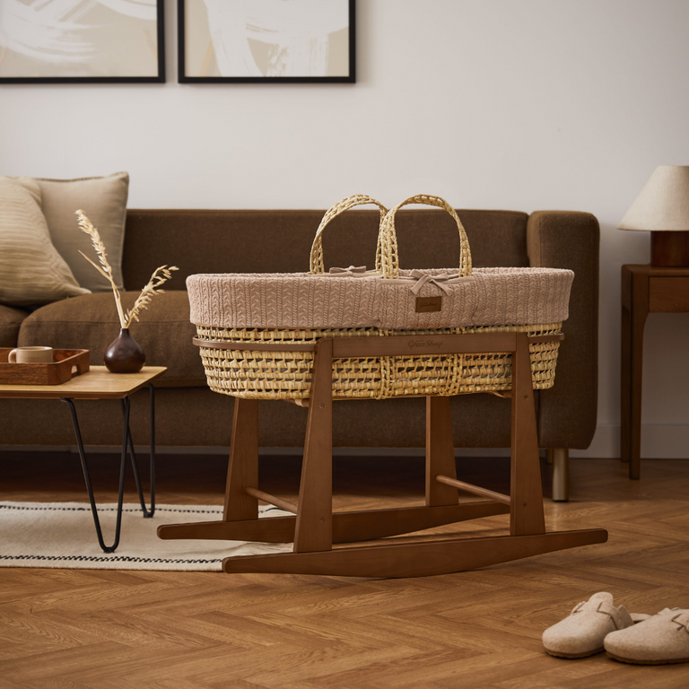 Organic Knitted Moses Basket, Mattress & Walnut Rocking Stand Truffle