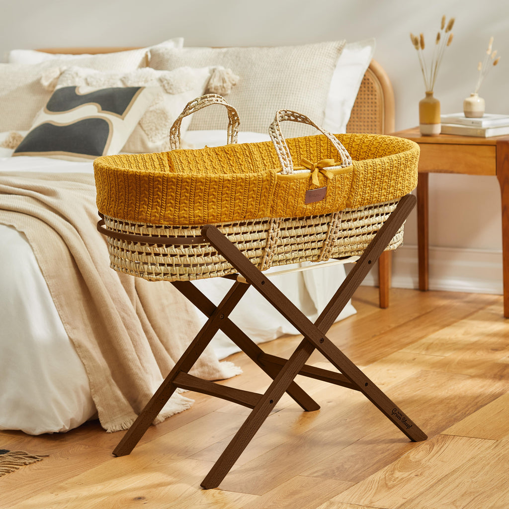 Organic Knitted Moses Basket, Mattress & Walnut Foldable Stand Honey