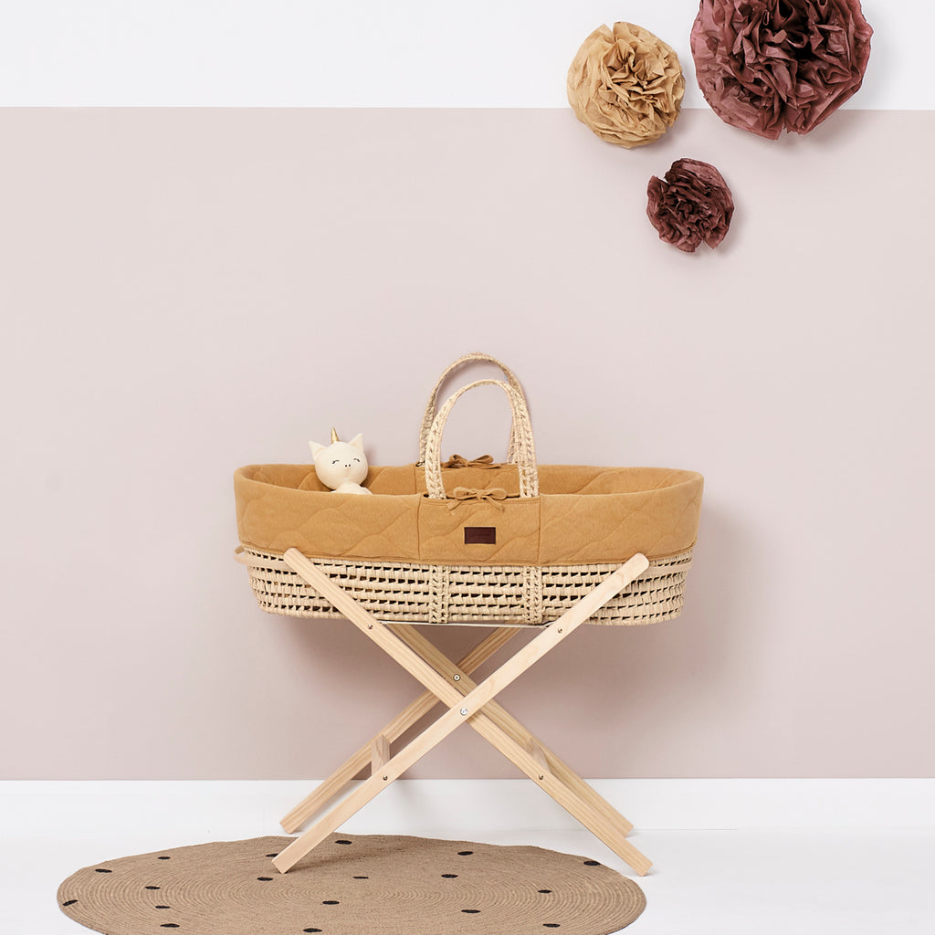 Natural Quilted Moses Basket, Mattress & Natural Foldable Stand Honey