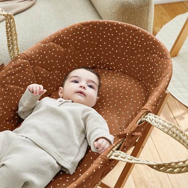 Natural Quilted Rice Moses Basket, Mattress & Walnut Rocking Stand Ter ...