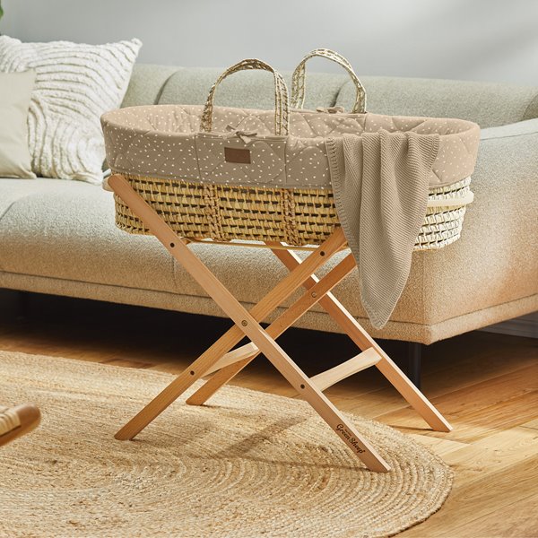 Natural Quilted Rice Moses Basket, Mattress & Natural Foldable Stand Truffle