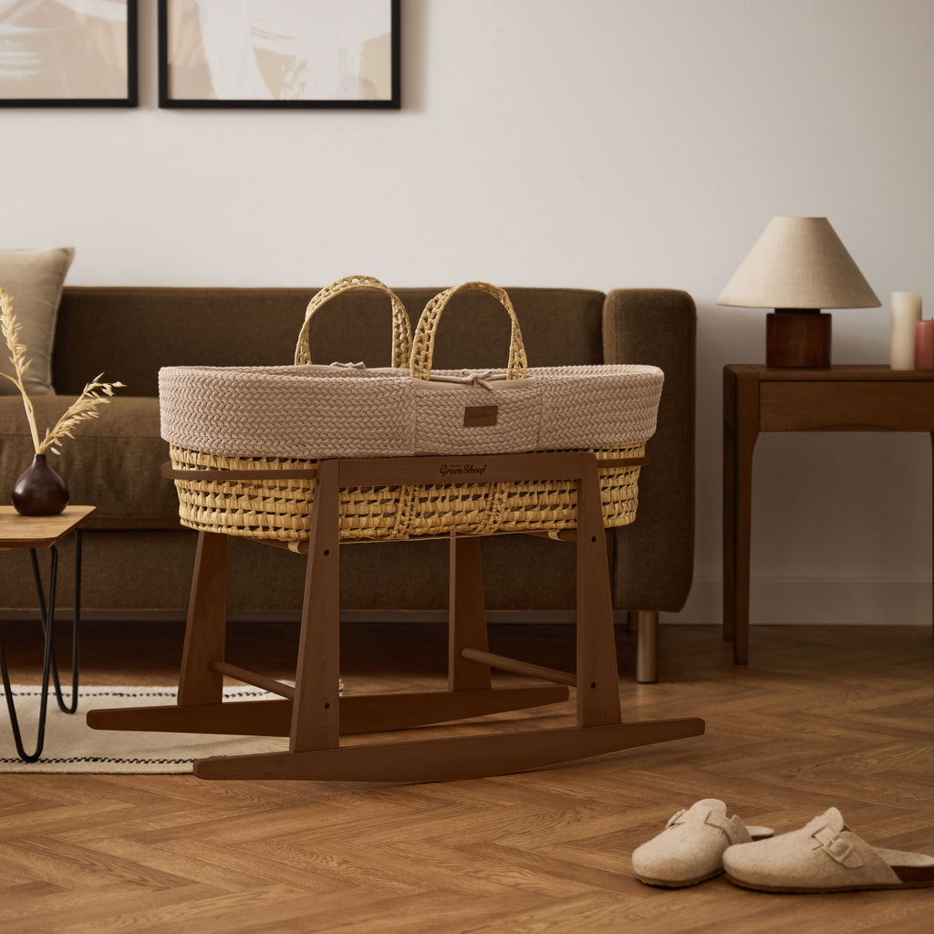 Organic Wheat Knitted Moses Basket, Mattress & Walnut Rocking Stand Truffle
