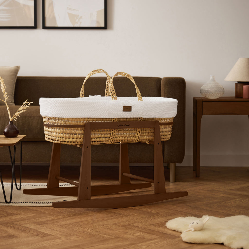 Organic Wheat Knitted Moses Basket, Mattress & Walnut Rocking Stand White